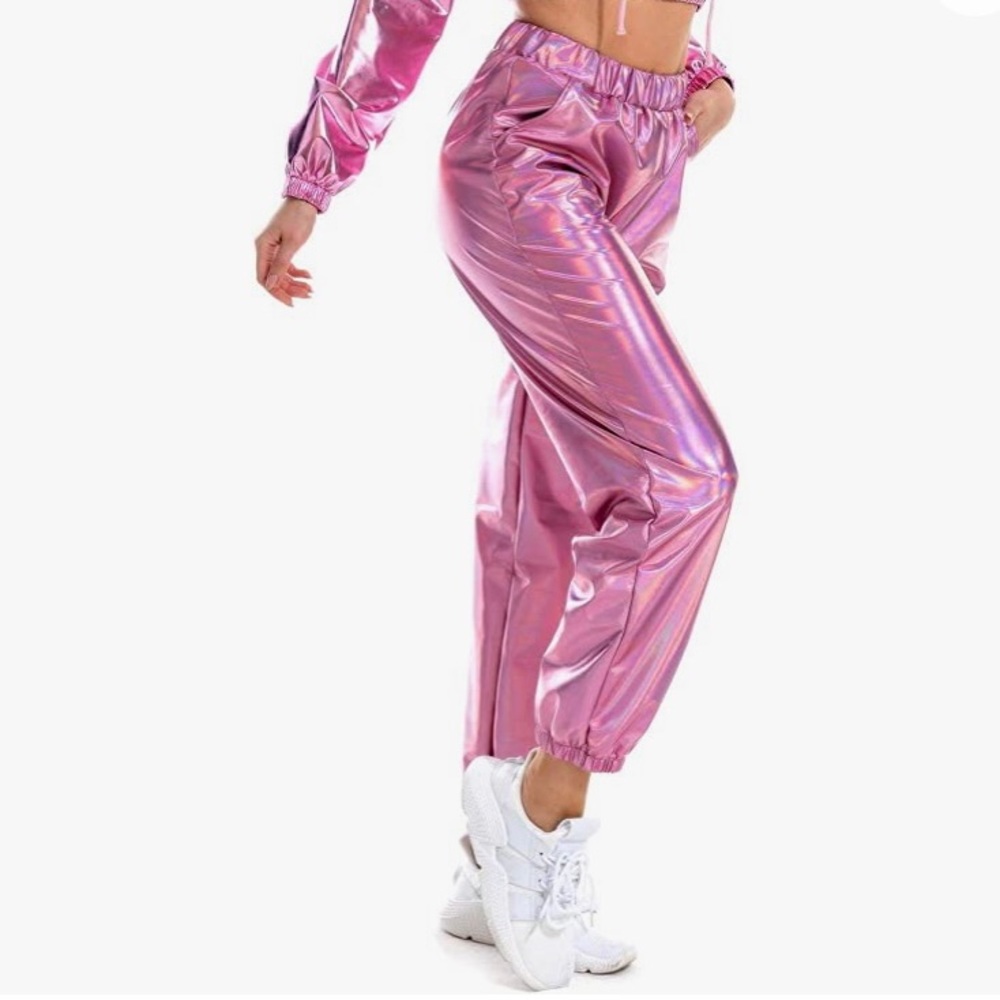 SIAEAMRG Womens Shiny Metallic High Waist Stretchy Jogger Pants